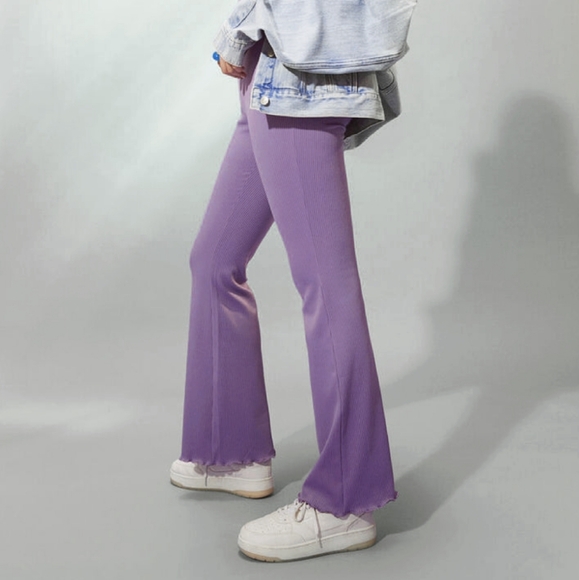 Purple Flare Rib-knit Pants with Lettuce Trim - Picture 11 of 14